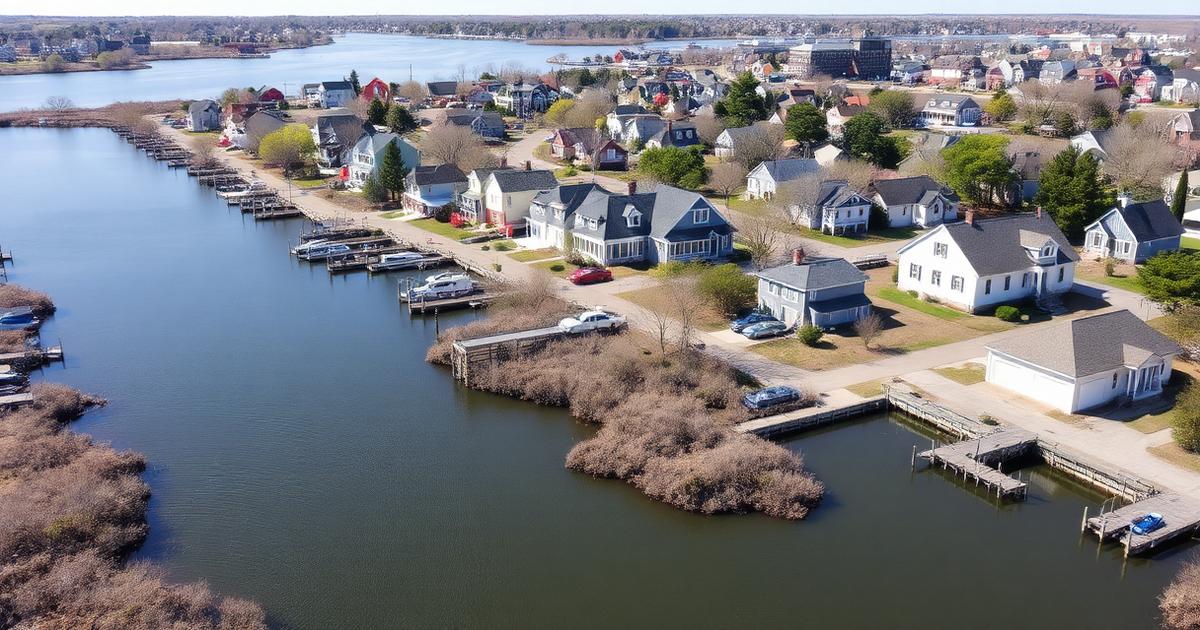 Aerial view of waterfront single-family homes lining tidal creeks with private docks in the Fox Hill fishing community of Hampton, Virginia