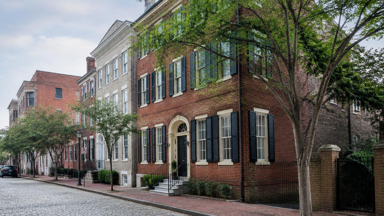 Historic brick townhouse on a cobblestone street downtown in Freemason, Norfolk, Virginia
