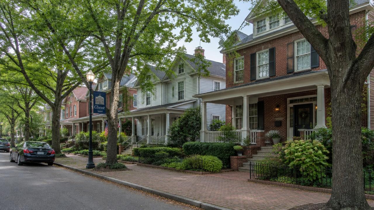 Historic early-1900s homes on a tree-lined street in Ghent, Norfolk