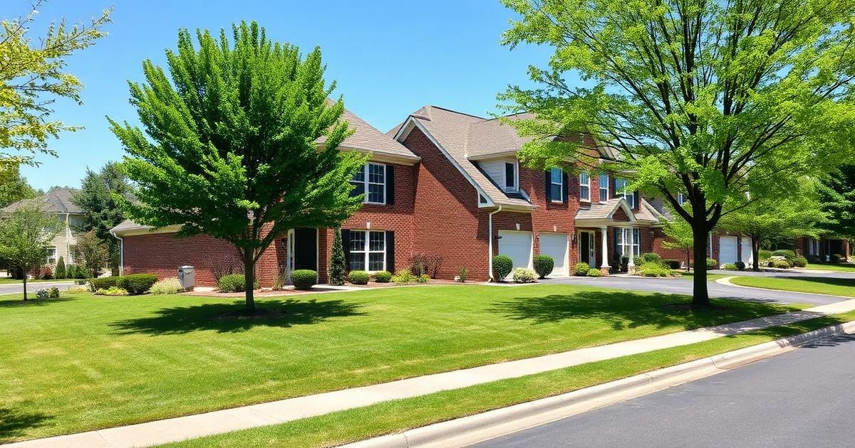 Well-kept red-brick two-story colonial homes with manicured lawns on a sunny suburban street in the Great Bridge neighborhood of Chesapeake, Virginia