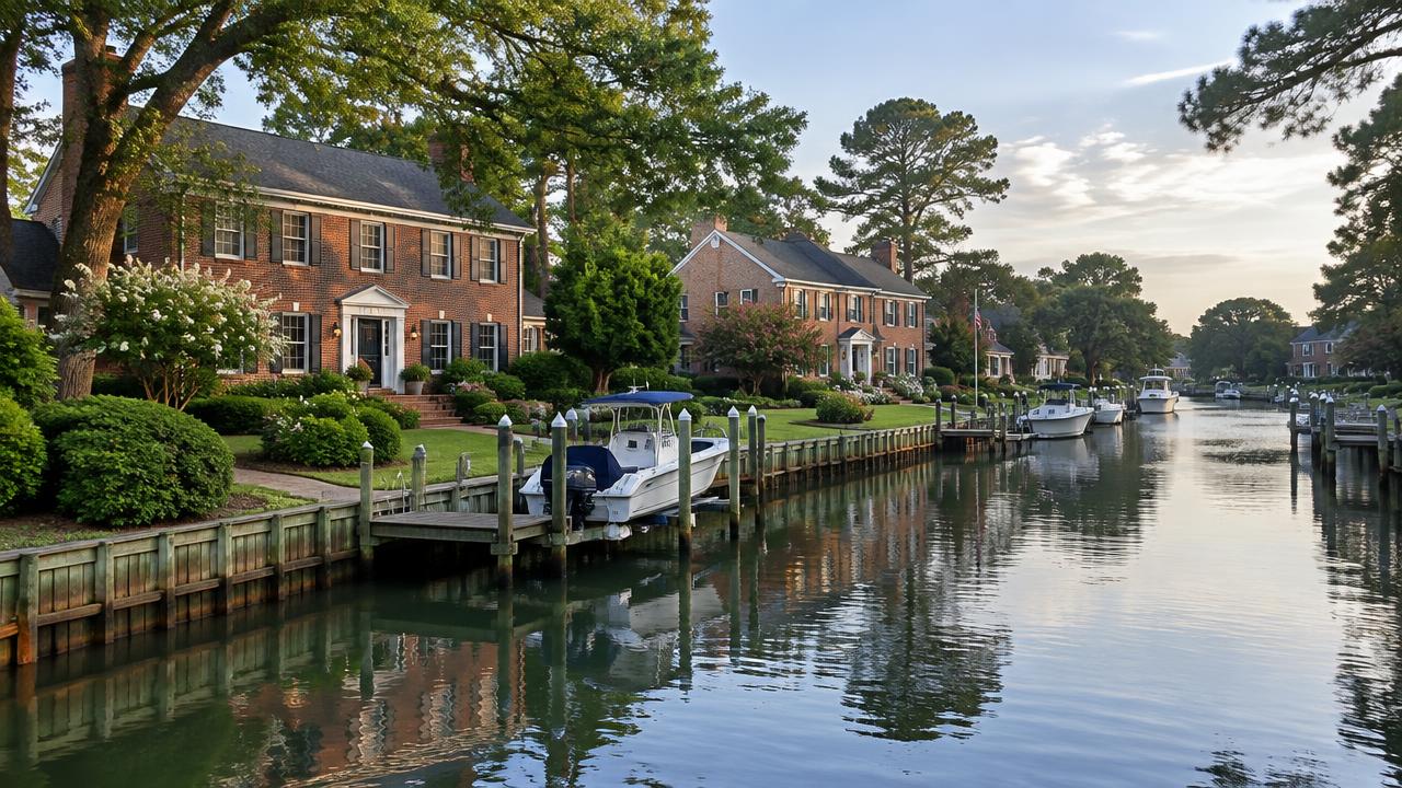 Canal-front colonial homes in the Great Neck area of Virginia Beach