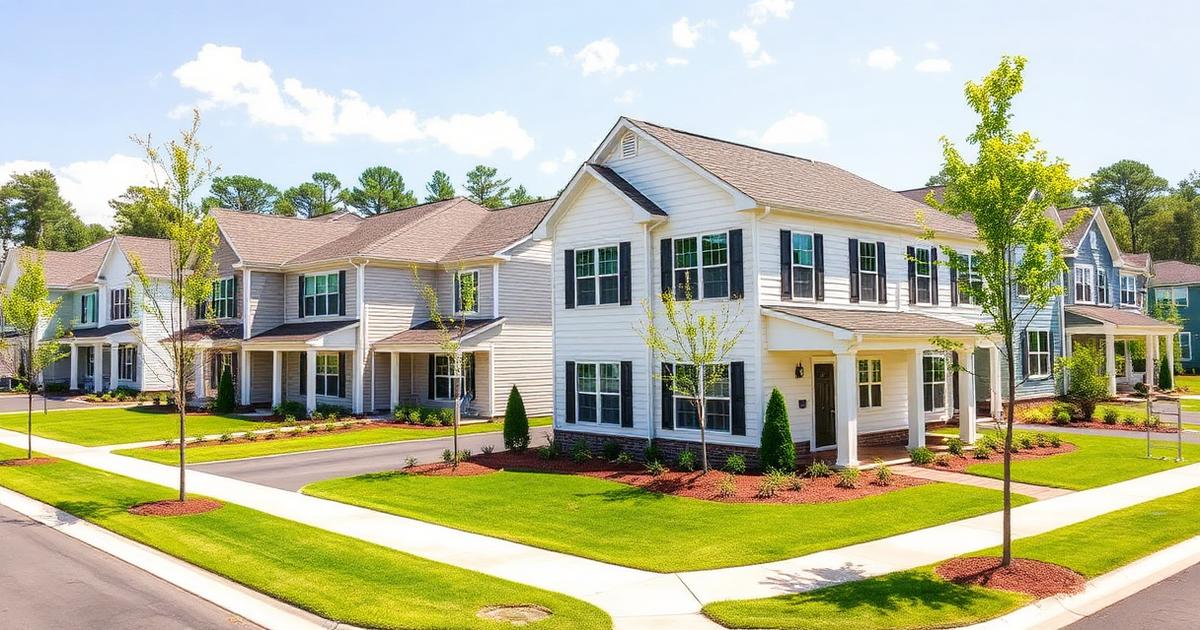 Newer two-story colonial single-family homes with landscaped lawns and sidewalks in a master-planned Greenbrier neighborhood of Chesapeake, Virginia