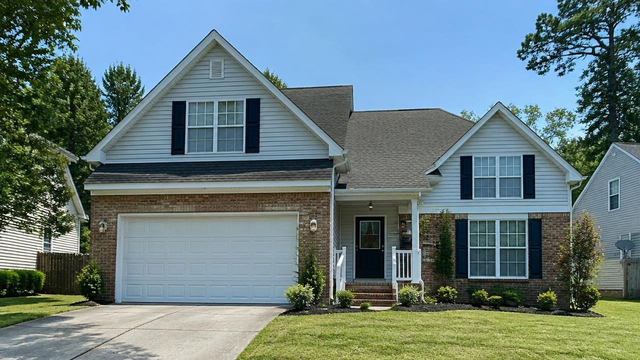 1990s suburban home with a gabled roof and young landscaping in Hampton Roads Center, Hampton, Virginia