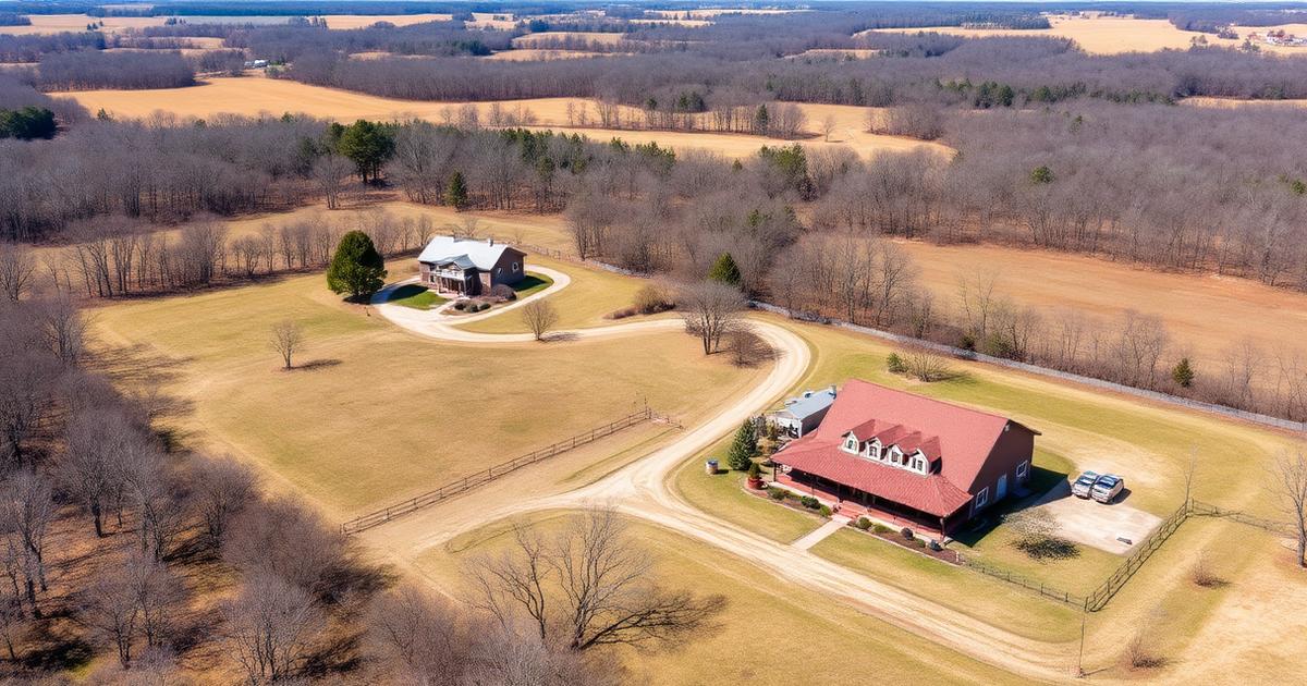 Aerial view of a farmhouse and rural home on large acreage with open fields, fenced pastures, and forested horizon in the Hickory area of Chesapeake
