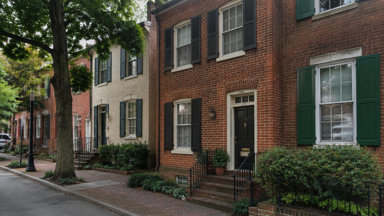 Historic narrow two-story row house with a small front stoop in Huntersville, Norfolk, Virginia