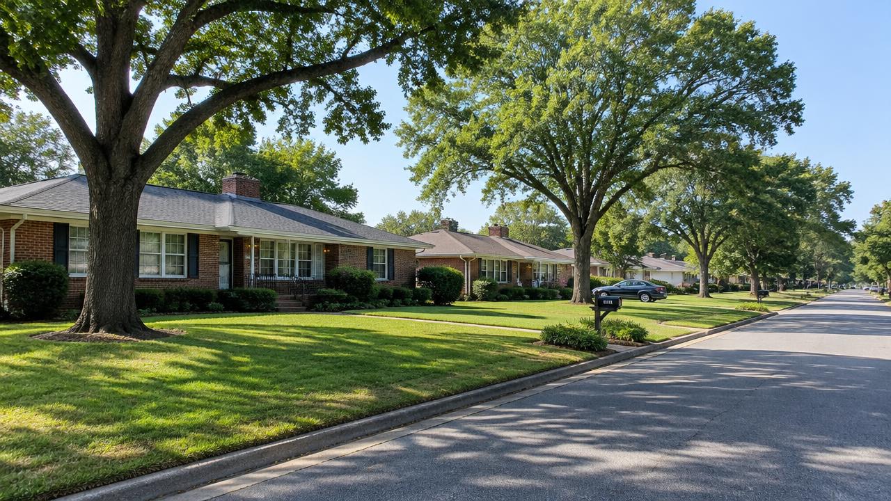 1960s brick ranch homes with mature trees on a Kempsville street in Virginia Beach, Virginia