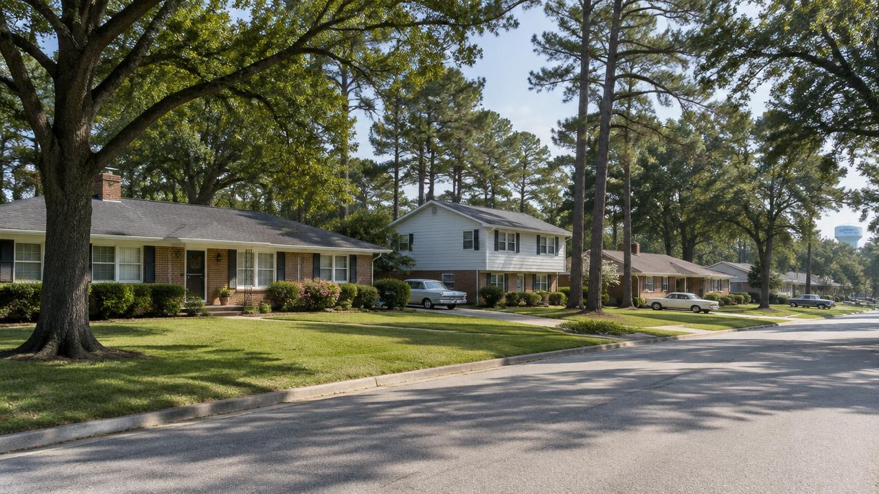 1960s ranch and split-level homes under tall trees in Kings Grant, Virginia Beach