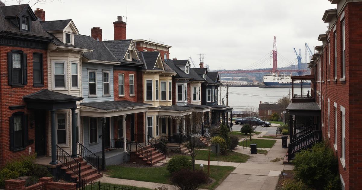 Older row houses and Victorian homes in Lambert's Point, Norfolk with the industrial waterfront and shipyard cranes in the background under an overcast sky