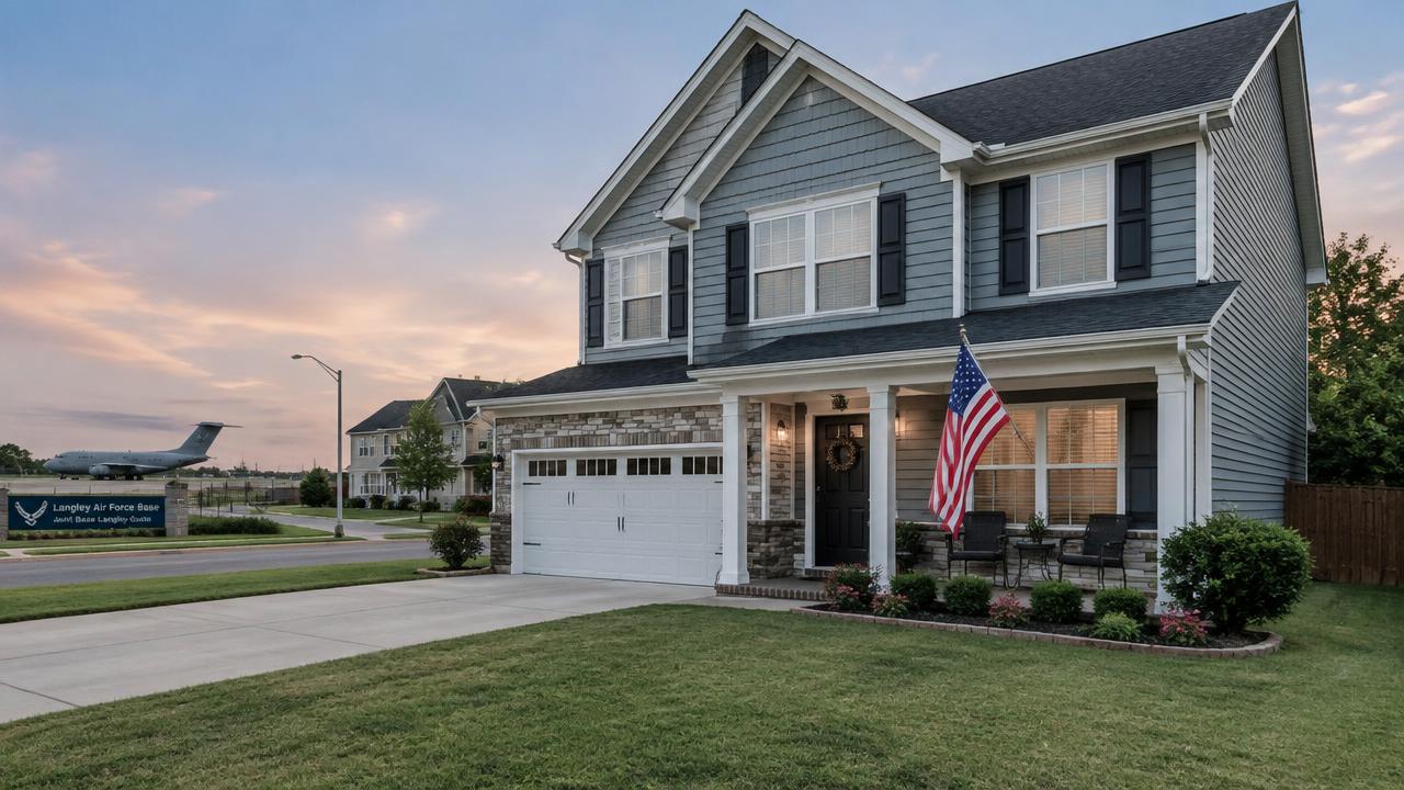Suburban home near a military base with an air force flag in Langley, Hampton, Virginia