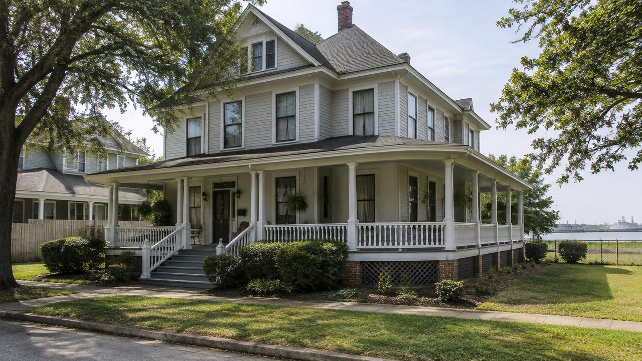 Early 1900s two story wood frame home with a wraparound porch in Mount Hermon, Portsmouth, Virginia