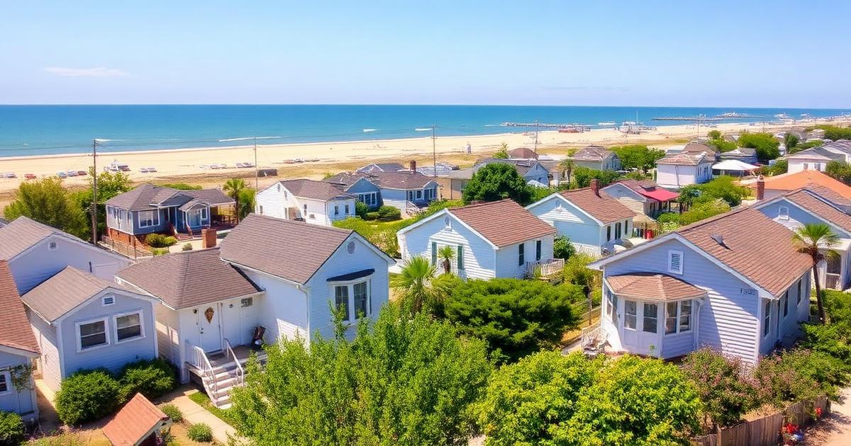 Small beach cottages and older single-family homes in the Ocean View neighborhood of Norfolk with the Chesapeake Bay shoreline behind them