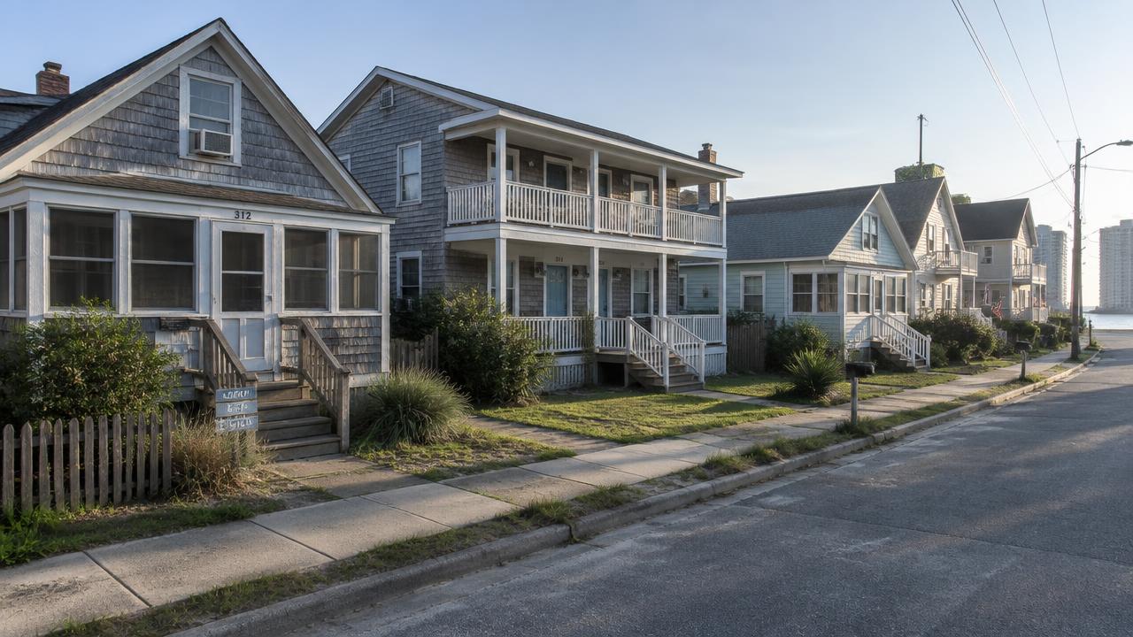 Older beach cottages and duplexes near the Virginia Beach Oceanfront