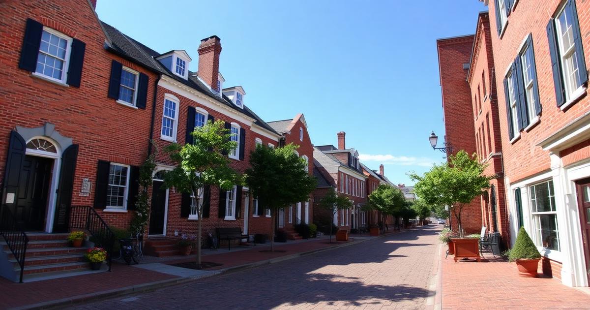 Row of well-preserved 18th and 19th century Federal-style red-brick homes on a brick sidewalk in Olde Towne Portsmouth, Virginia
