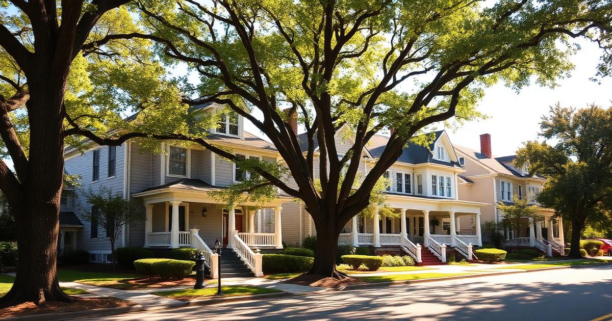 Early-1900s Craftsman and Colonial Revival homes with wide front porches on a mature tree-lined street in the Olde Wythe neighborhood of Hampton