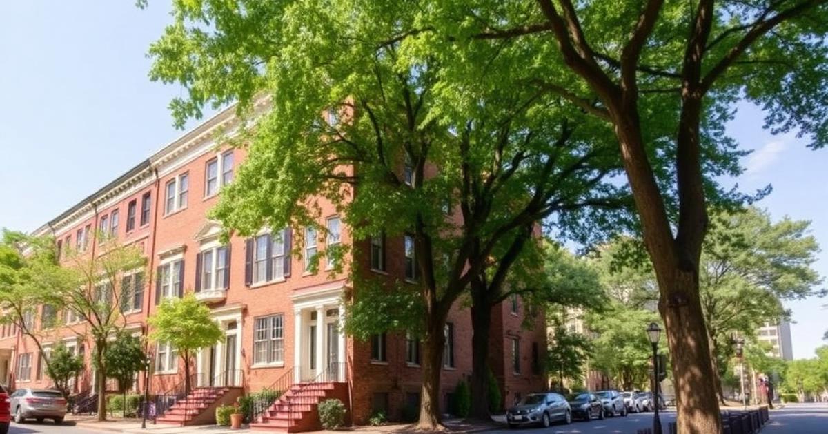 Rows of historic three-story red-brick townhomes on a shaded street in the Park Place neighborhood of Norfolk, Virginia