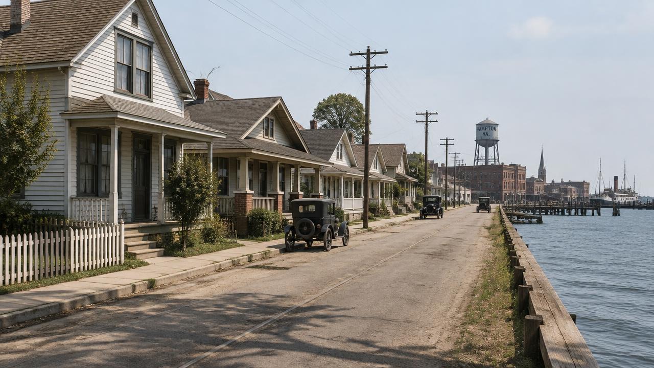 Early-1900s frame homes near the water in Pasture Point, Hampton
