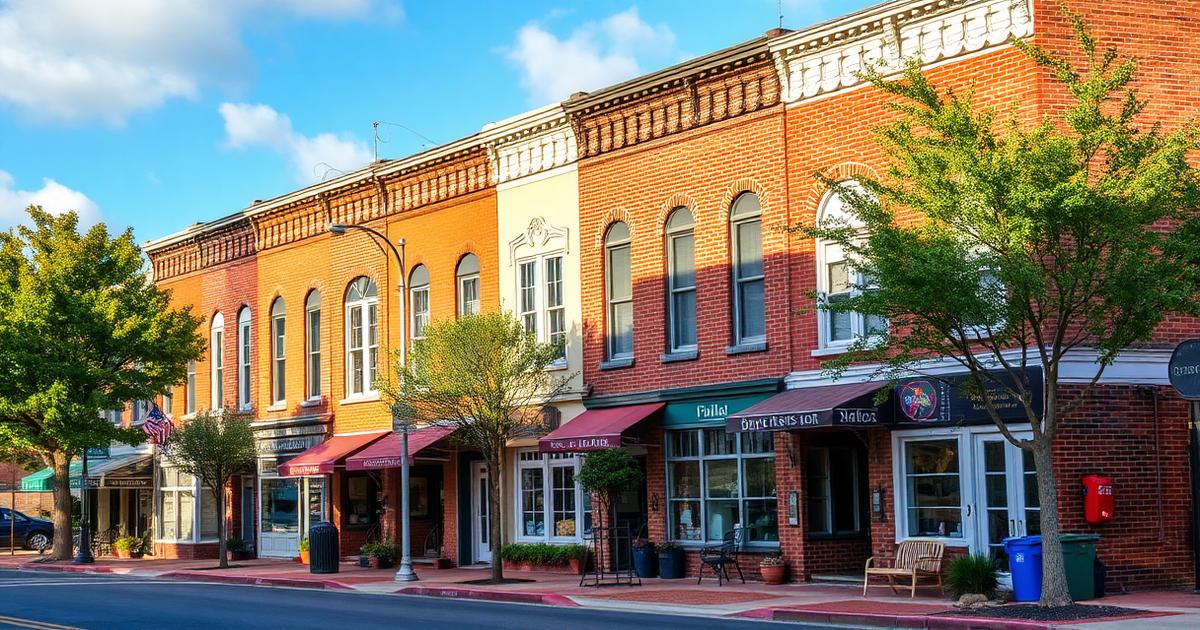 Historic brick storefronts and mixed older housing along Mellen Street in the Phoebus neighborhood of Hampton, Virginia near Fort Monroe