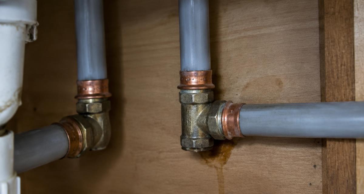 Gray polybutylene water supply pipes with copper crimp rings under a sink in an older Virginia home