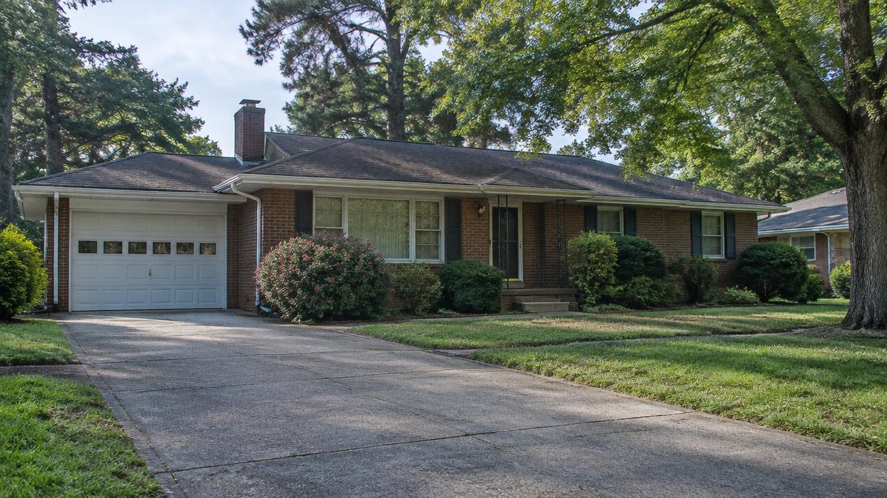 1960s brick ranch home with a wide driveway and mature shrubs in Poplar Halls, Norfolk, Virginia