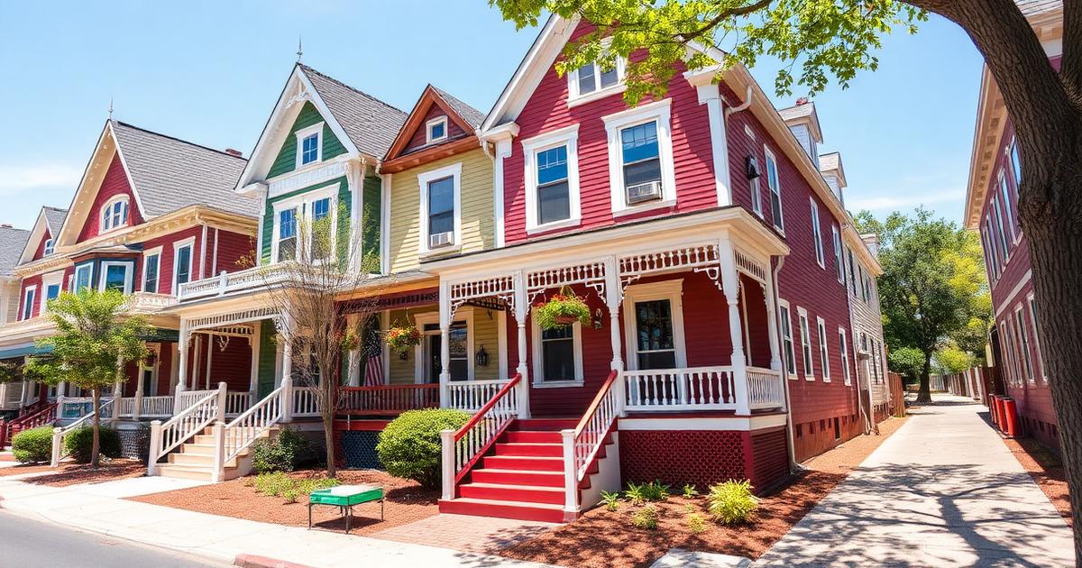 Colorfully painted restored Victorian homes with wraparound porches and gingerbread trim in the Port Norfolk historic district of Portsmouth