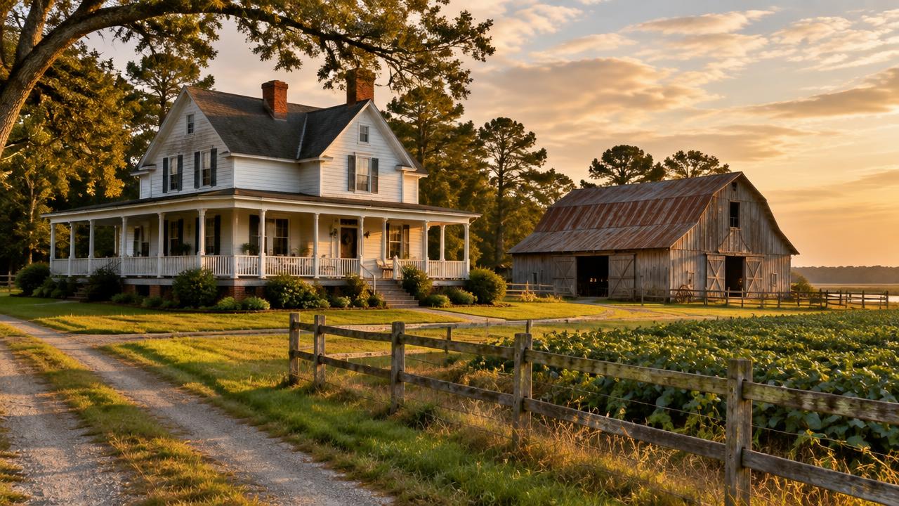 Farmhouse and barn on rural farmland in Pungo, Virginia Beach