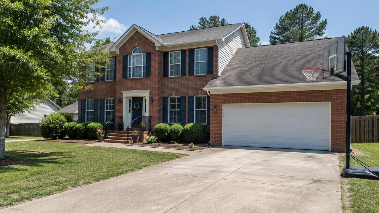 1990s two story home with brick front and a basketball hoop in the driveway in Riverwalk, Chesapeake, Virginia