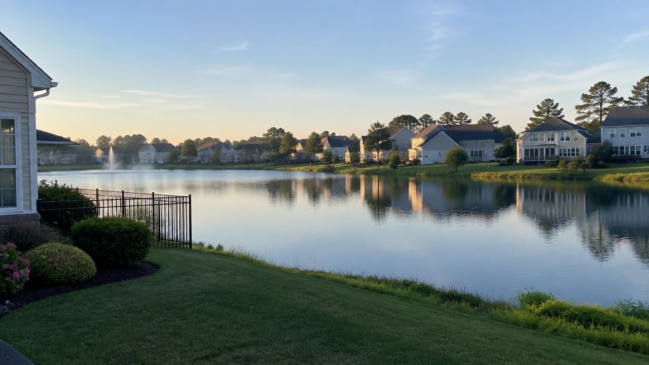 Suburban homes beside a neighborhood lake in Salem Lakes, Virginia Beach