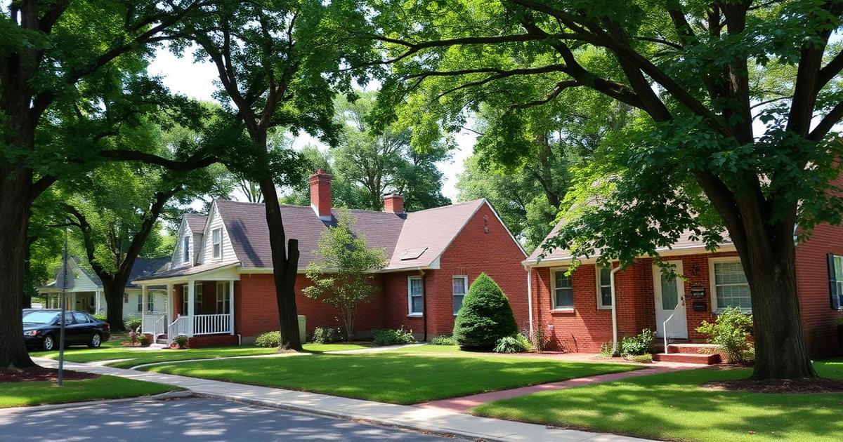Older brick bungalows and small single-family homes on a shaded street in the historic South Norfolk section of Chesapeake, Virginia