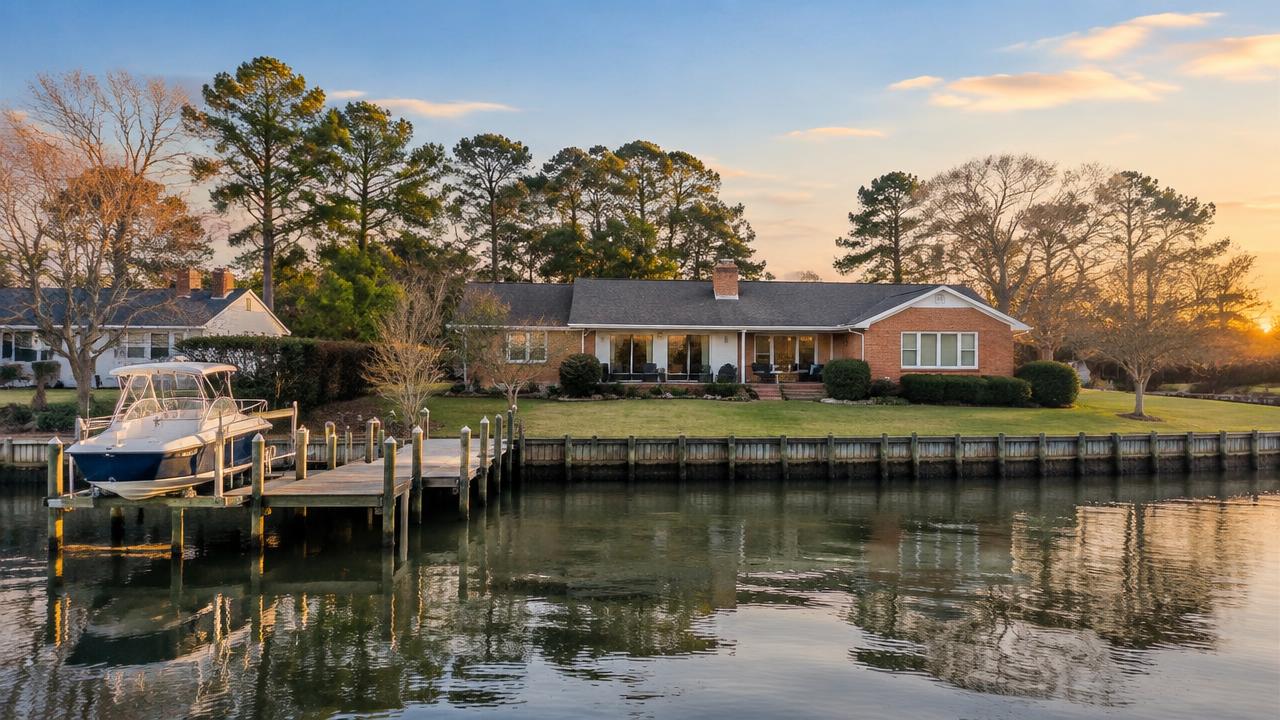 Waterfront mid-century ranch home with a private dock on a calm river in Sterling Point, Portsmouth, Virginia