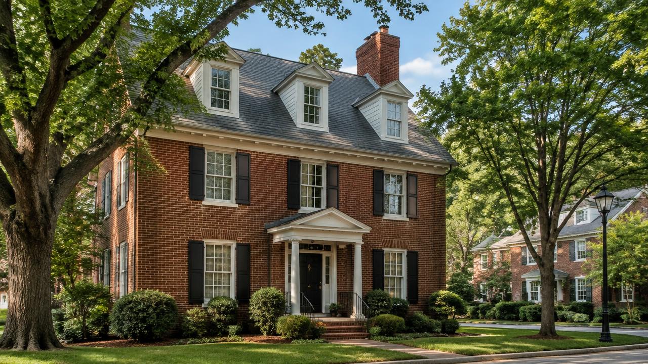 Brick colonial home with dormers on a manicured tree lined street in Talbot Park, Norfolk, Virginia