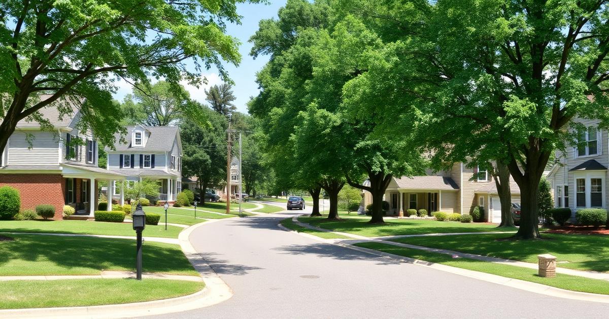 Mix of older colonial and newer traditional single-family homes on a curving tree-lined street in the Western Branch area of Chesapeake, Virginia