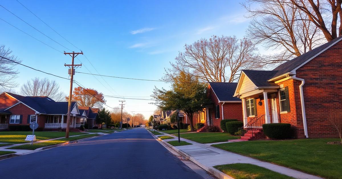 Mid-century red-brick ranch homes on a quiet suburban street in the Westhaven neighborhood of Portsmouth, Virginia at golden hour