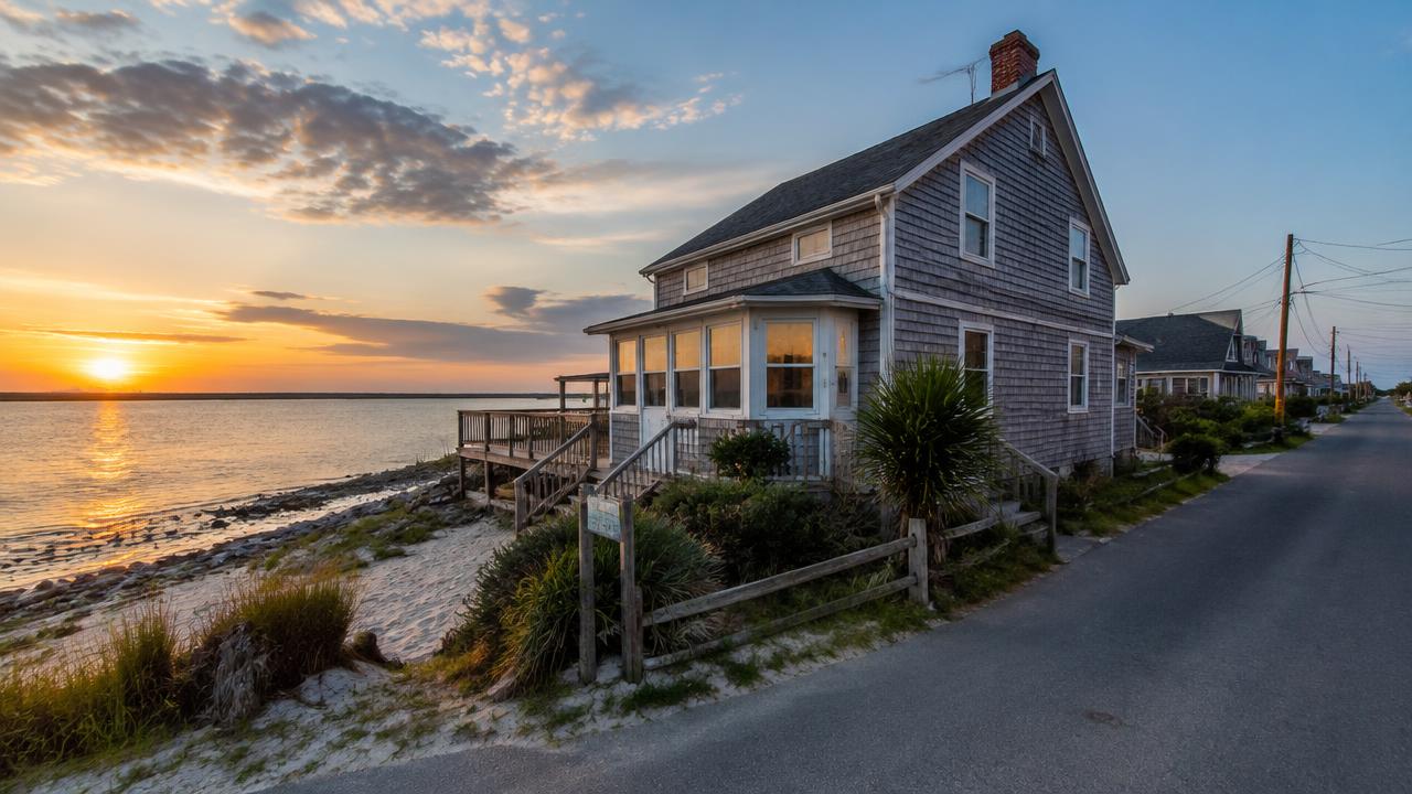 Beach cottage with weathered siding on a narrow bayfront street in Willoughby Spit, Norfolk, Virginia