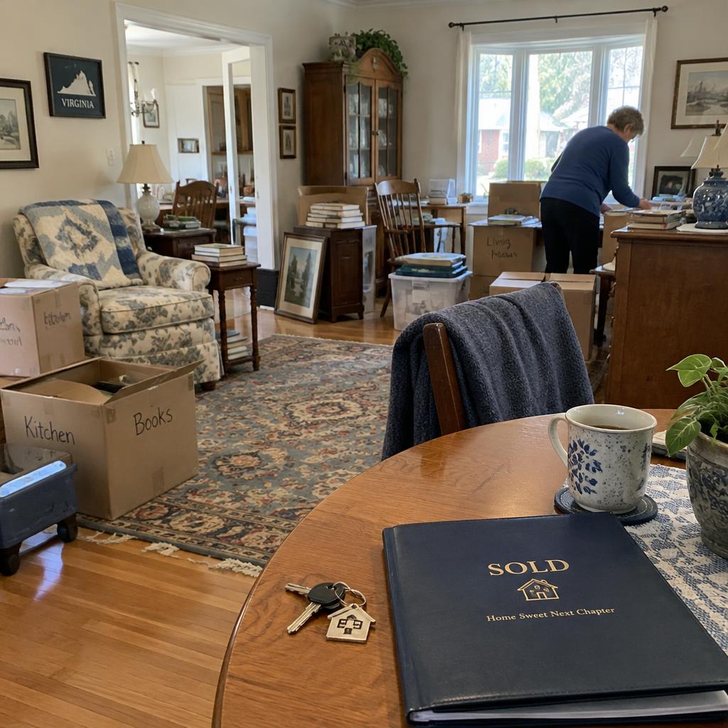 Virginia home interior mid-downsizing with sorted boxes, furniture, and a sold folder with keys on the table