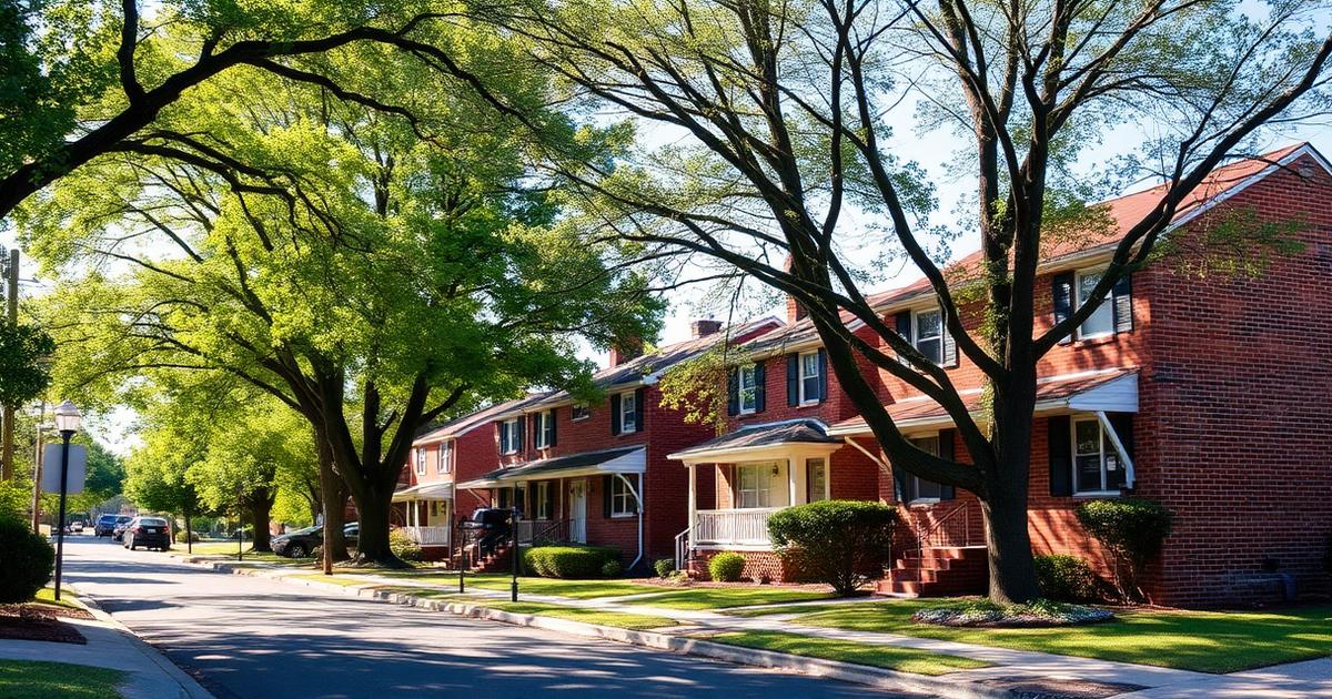 Mid-century red-brick two-story homes on a tree-lined residential street in the Wythe neighborhood of Hampton, Virginia