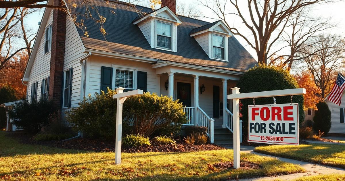 Older single-family Virginia home with a red 'For Sale' sign in the front yard and autumn foliage in the background