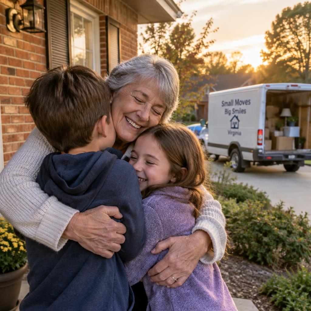 Grandmother hugging grandchildren on the porch of a Virginia home with a small moving van in the driveway