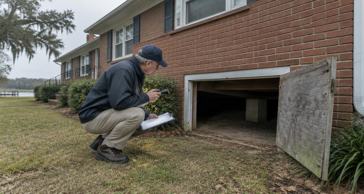 Home inspector with a flashlight checking the crawlspace of an older brick ranch house in coastal Virginia