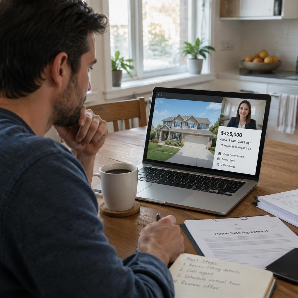 Man on a video call reviewing a home sale agreement for his parent's house from another state