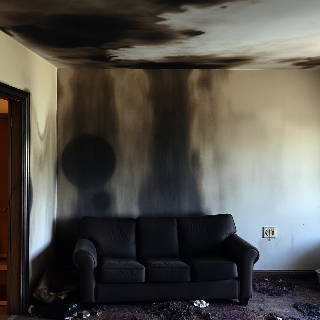 Living room walls stained with heavy black soot after a house fire in Virginia