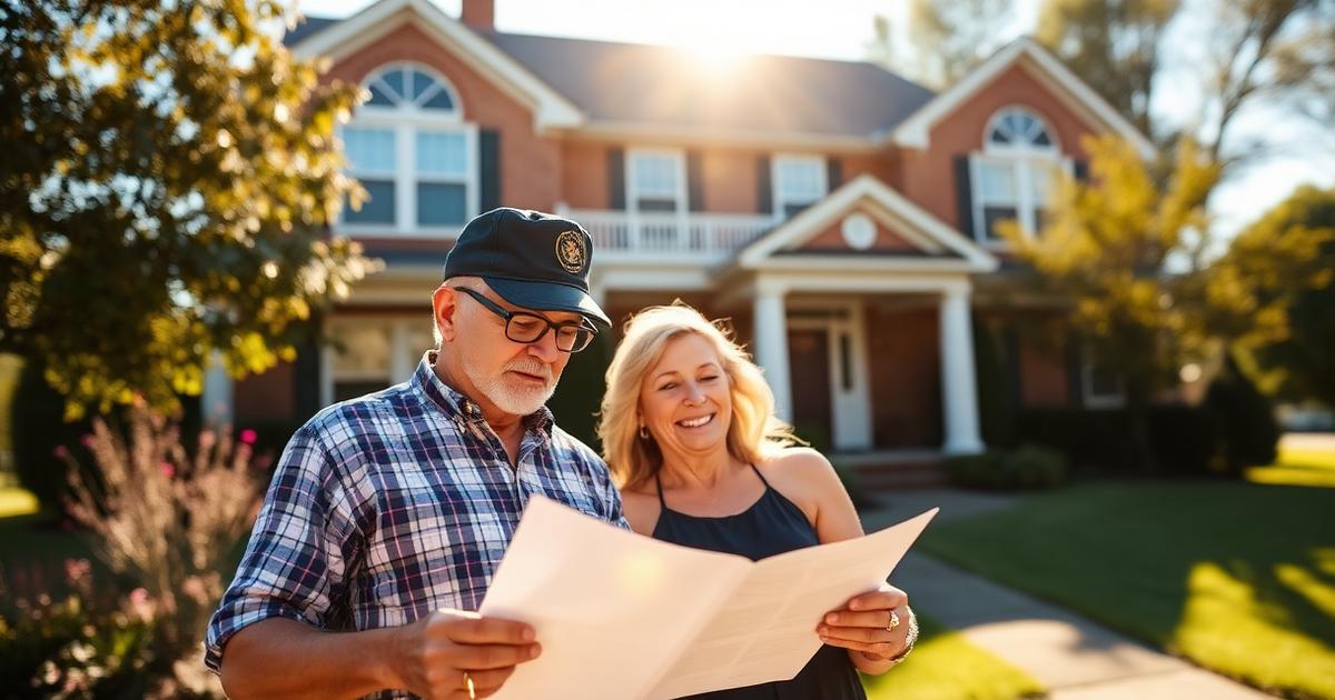 Veteran couple standing in front of their brick Virginia home reviewing VA loan paperwork together in bright sunlight