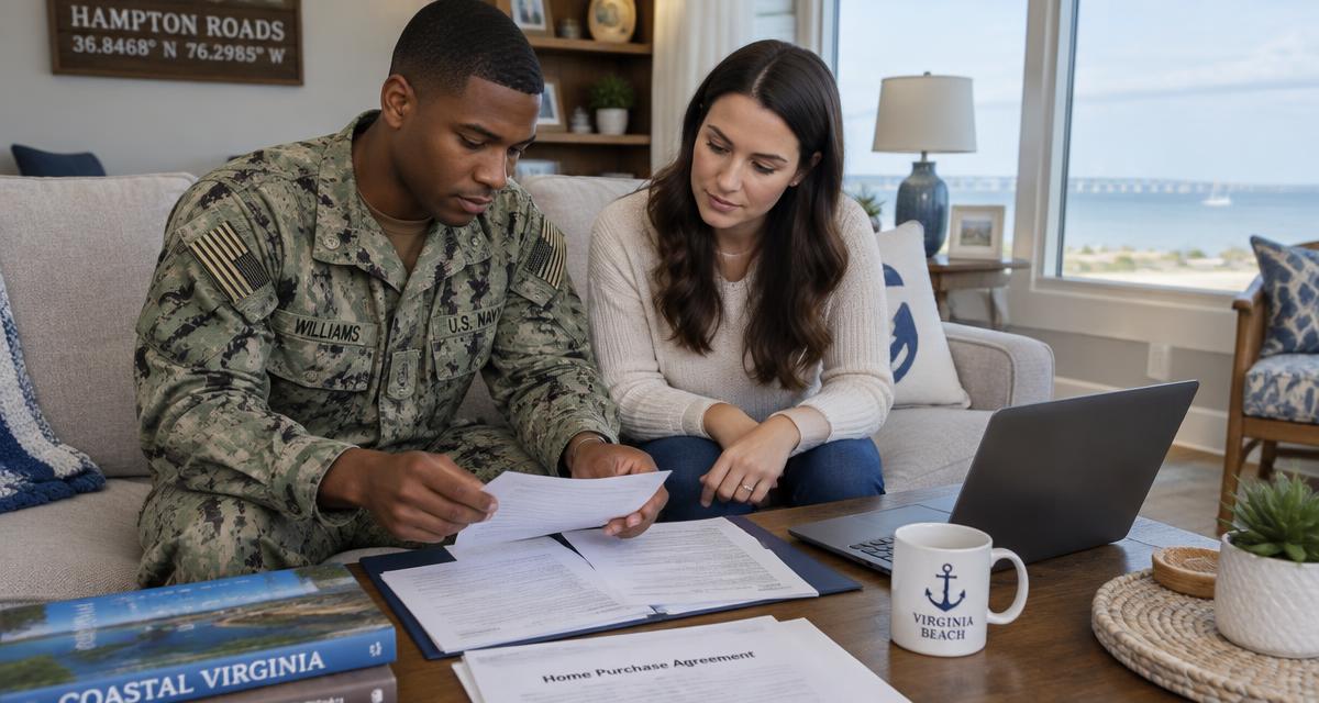 Navy service member and spouse reviewing home documents in their living room