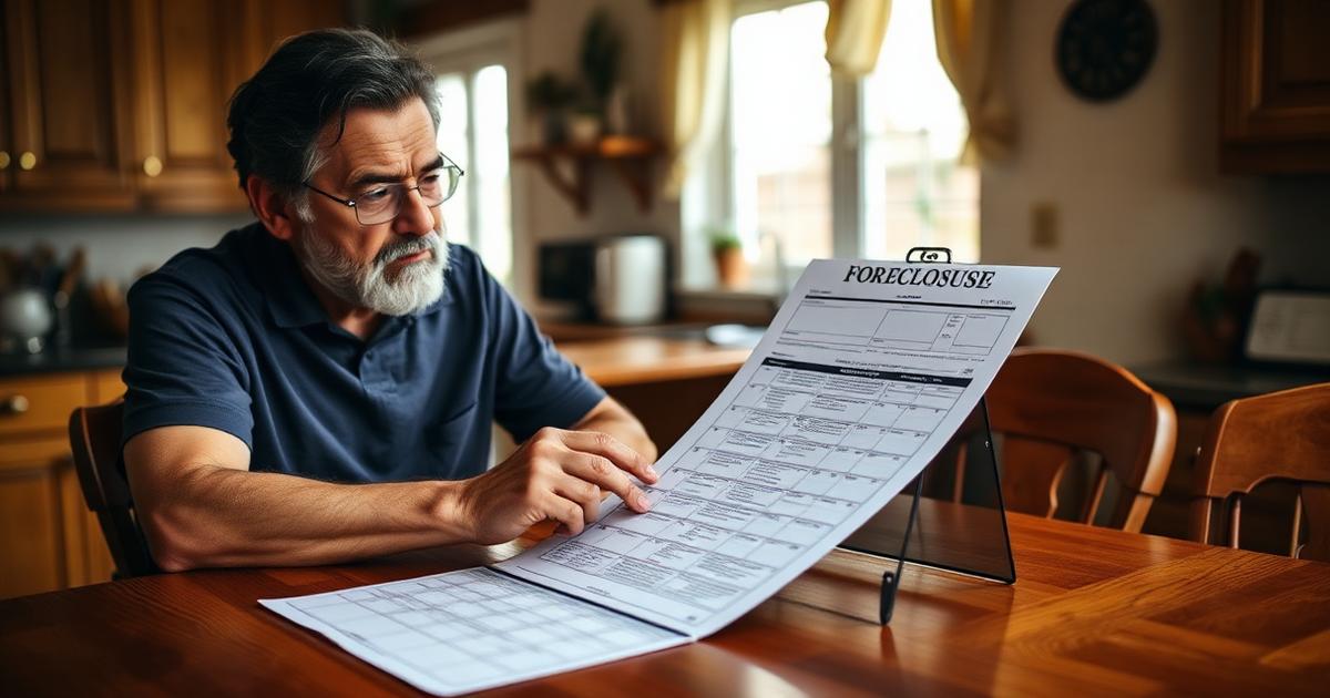 Concerned homeowner sitting at a kitchen table reviewing a foreclosure notice document in warm natural light