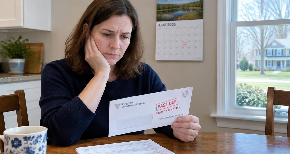 Virginia homeowner reading a past-due property tax notice at a kitchen table