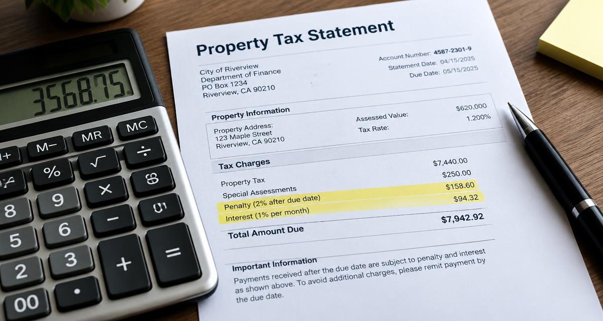 Calculator and property tax statement with penalty and interest lines highlighted