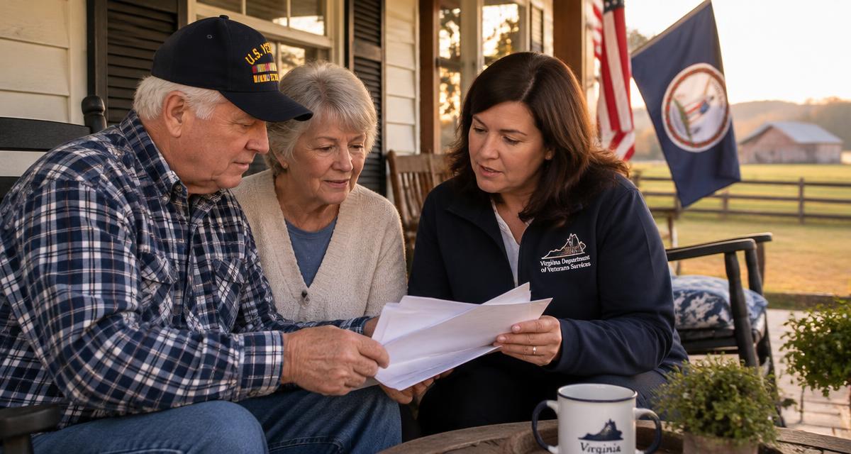 Older couple reviewing property tax relief paperwork on a Virginia porch