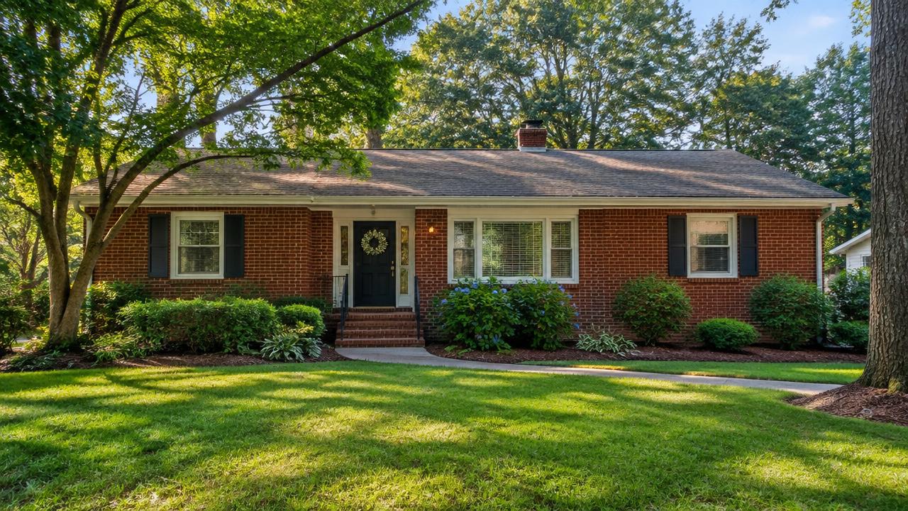 Brick ranch home with a mature front yard in Hampton, Virginia