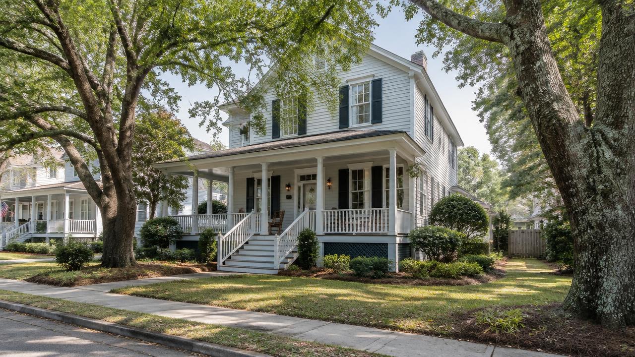 Early twentieth century porch-front home on a tree-lined street in Portsmouth, Virginia